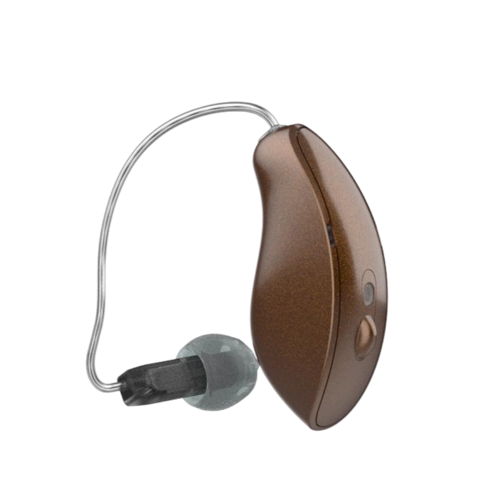 Omega™ mRIC AI 24 hearing aids in a sleek brown design with a comfortable ear tip.