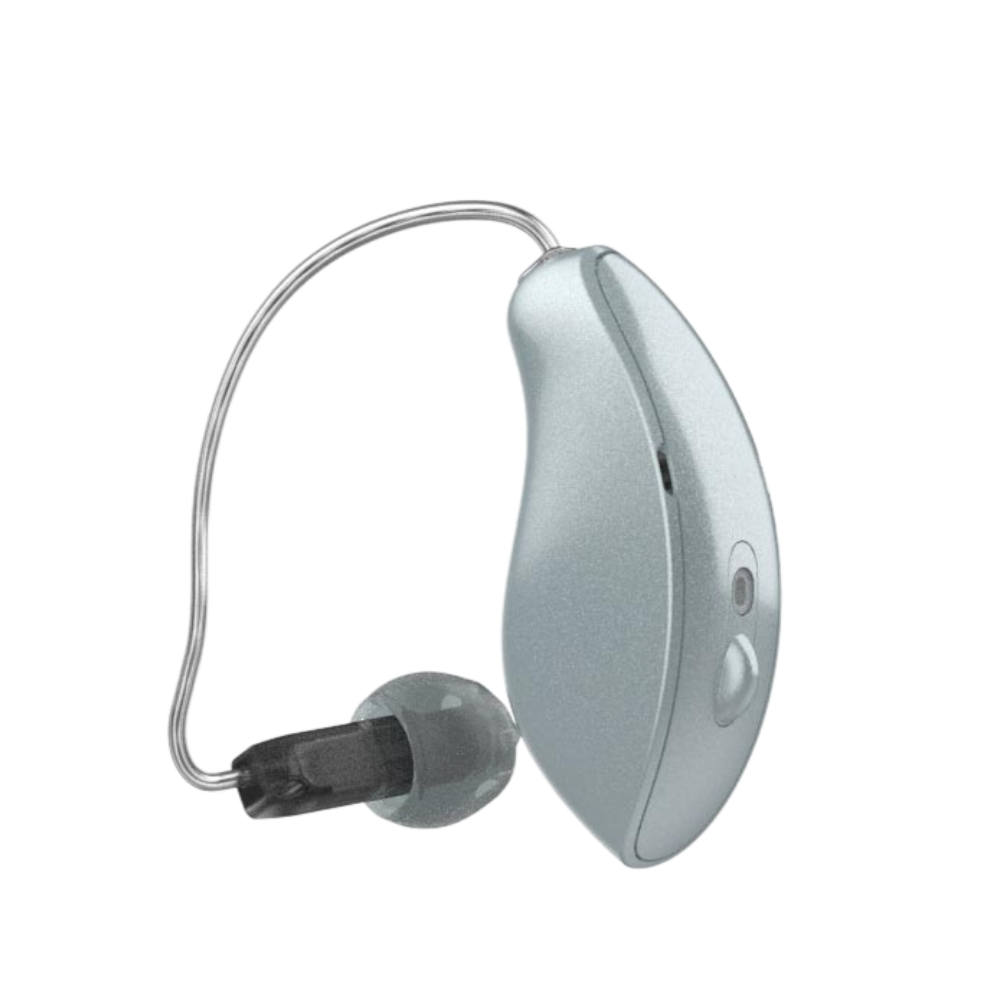 Omega™ mRIC AI 24 hearing aids in sleek silver design for enhanced audio experience.