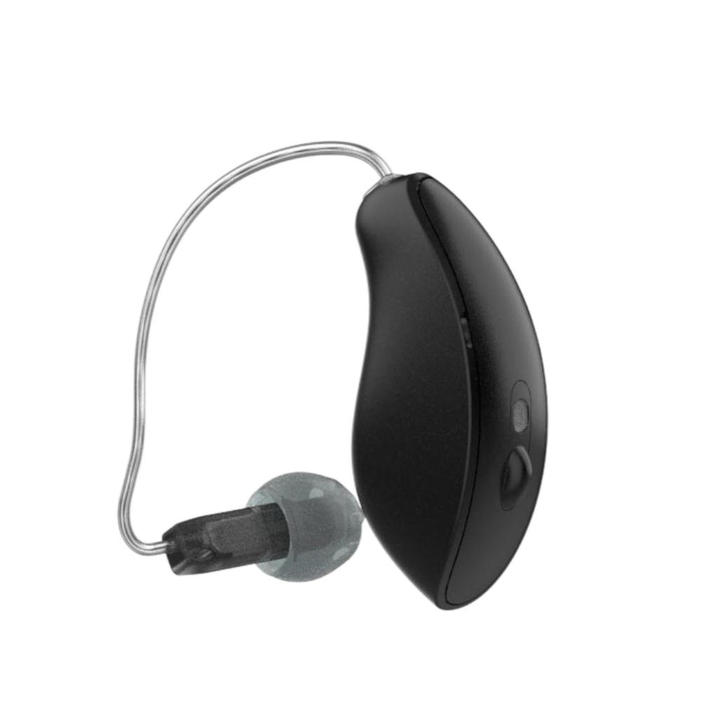 Omega™ mRIC AI 24 hearing aids in sleek black design for enhanced audio experience.