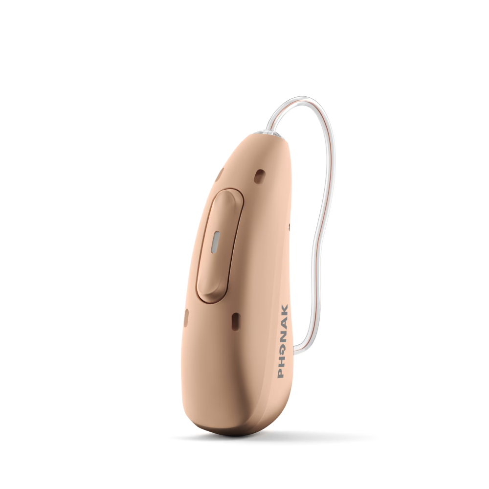Audéo Infinio™ Ultra R 70 hearing aids in a sleek design with a natural finish.