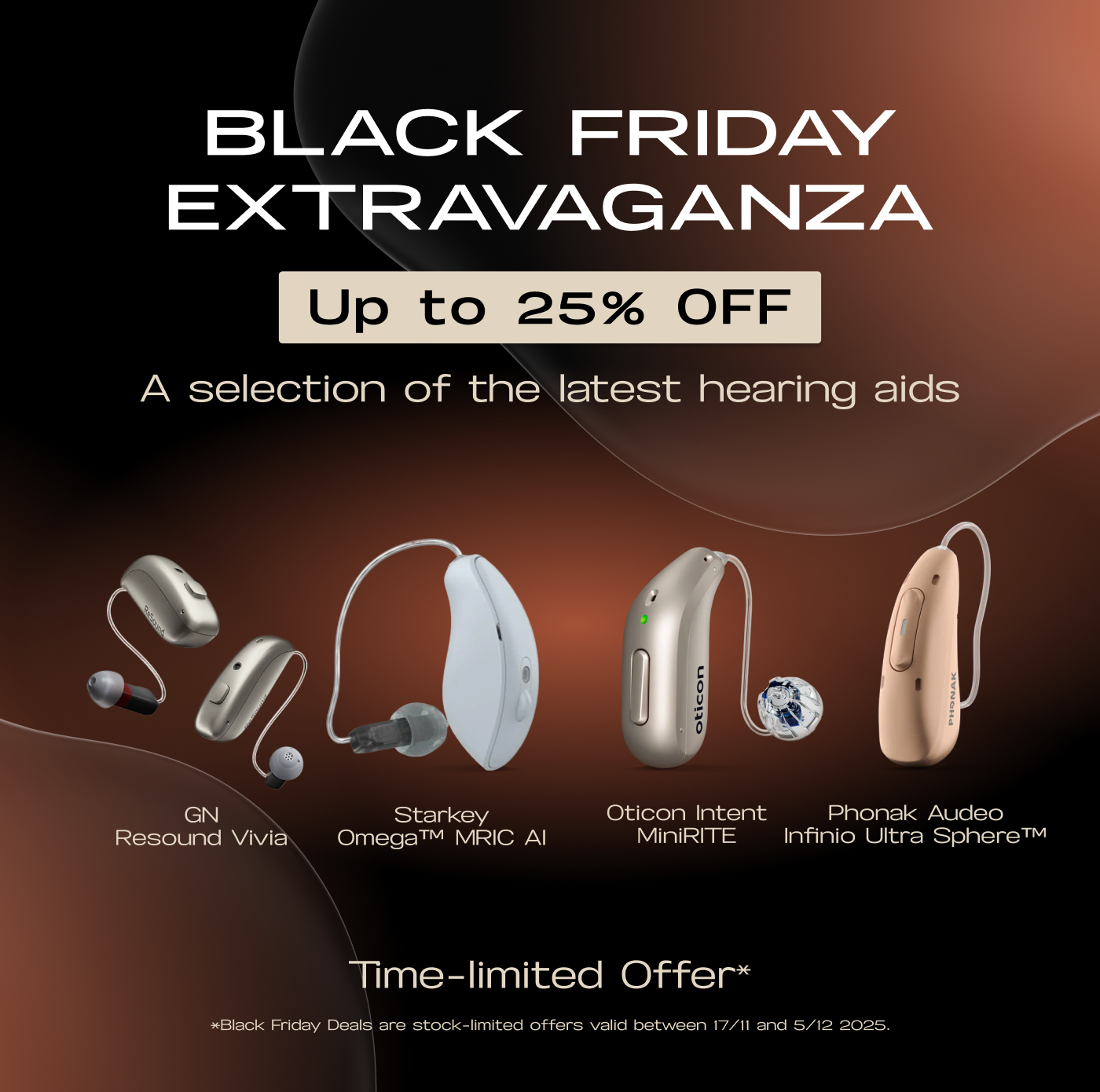 Black Friday banner featuring GN Resound Vivia, Starkey Omega MRIC AI, Oticon Intent MiniRITE, and Phonak Audeo Infinio Ultra Sphere 