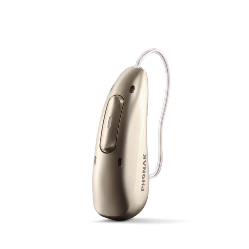 Audéo Infinio™ Ultra R 70 hearing aids in a sleek beige design, designed for superior sound quality and comfort.