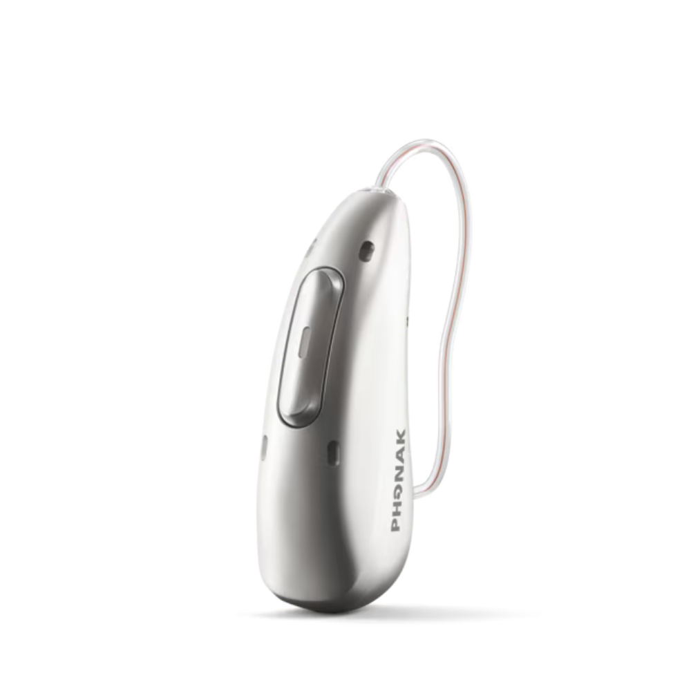 Audéo Infinio™ Ultra R 70 hearing aids in a sleek silver design for enhanced auditory experience.
